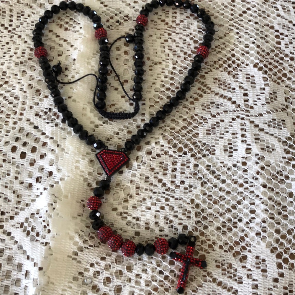Black red CZ rosary cross Jesus long necklace